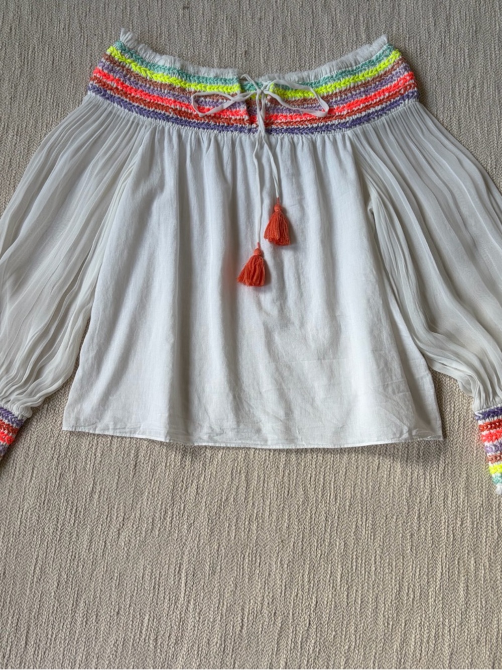 Alice + Olivia Sharyl Rainbow Peasant Top Cotton Embroidered Blouse Off Shldr XS
